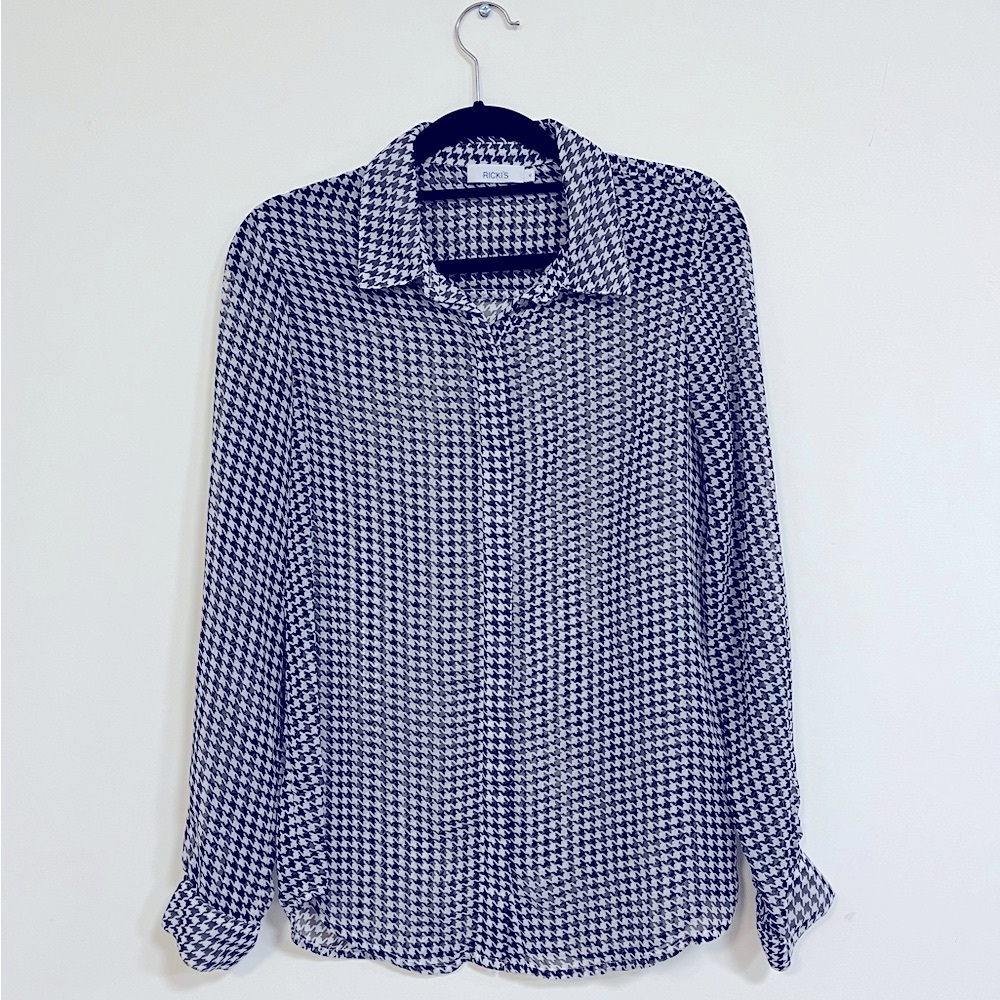 Black and White Houndstooth Semi-Sheer Button Up